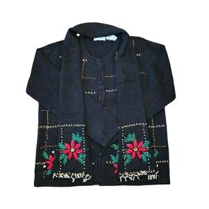 Vintage White Stag Beaded Pointsetta Christmas Sweater With Scarf